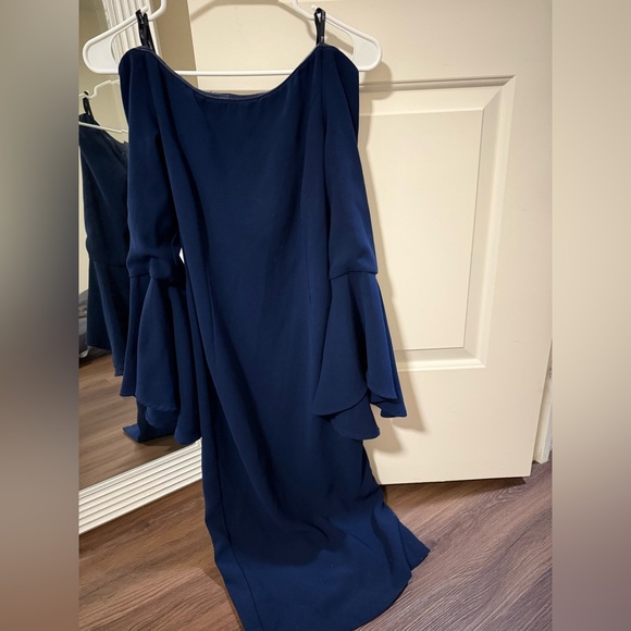 Navy midi dress off the shoulder with bell sleeve and slit - Picture 1 of 8